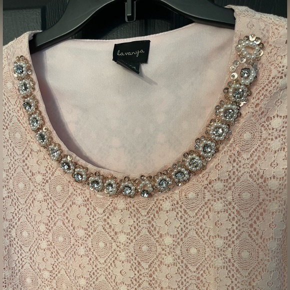 LA VANYA Top | STUNNING Lace TUNIC Scoop Neck BEADED Sz S PINK - Picture 2 of 4